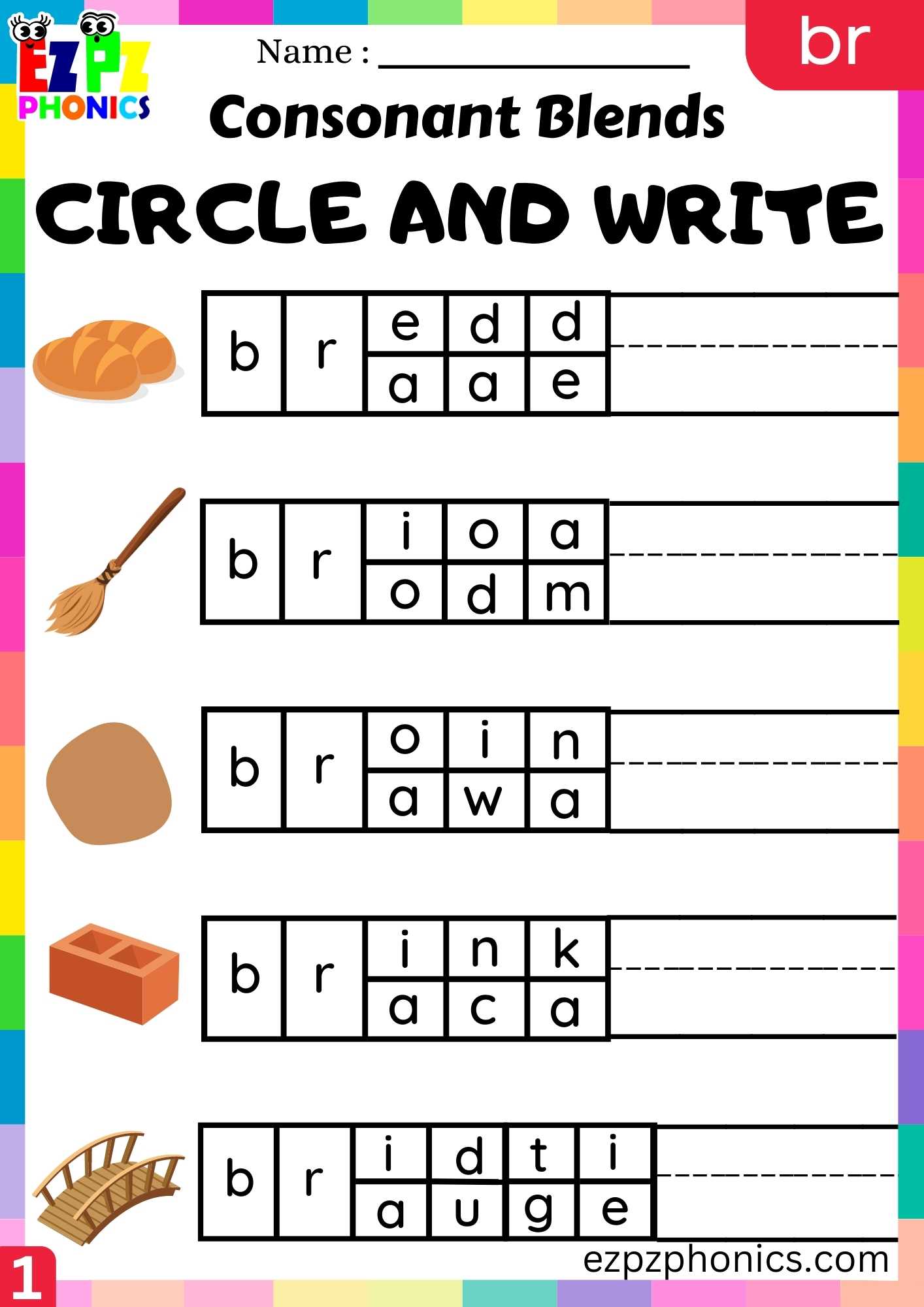 Group1 BR Words Circle And Write Phonics Consonant Blends Worksheet